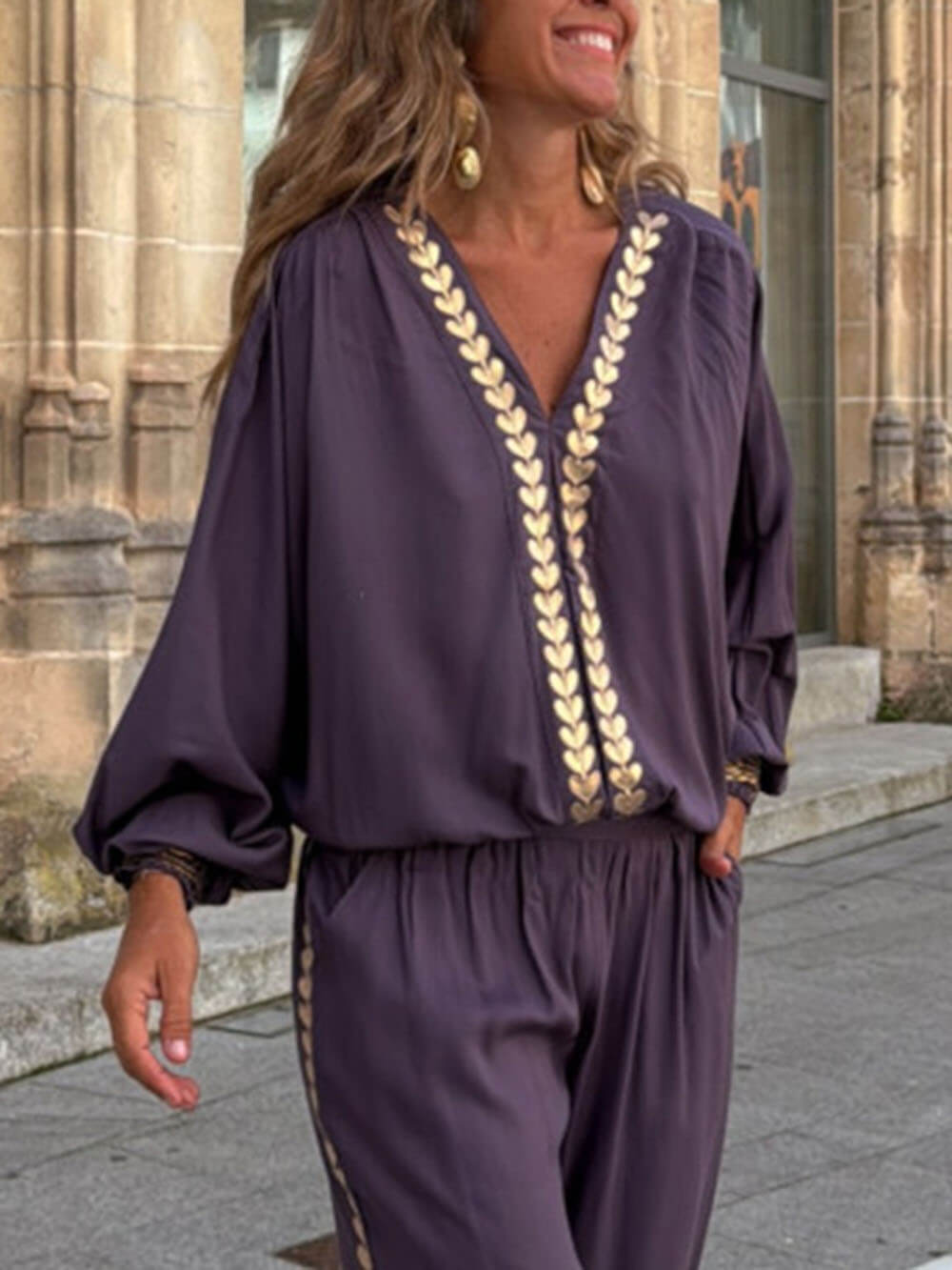Modern Feel Unique Gold Trim And Elastic Cuffs V-Neck Top Purple