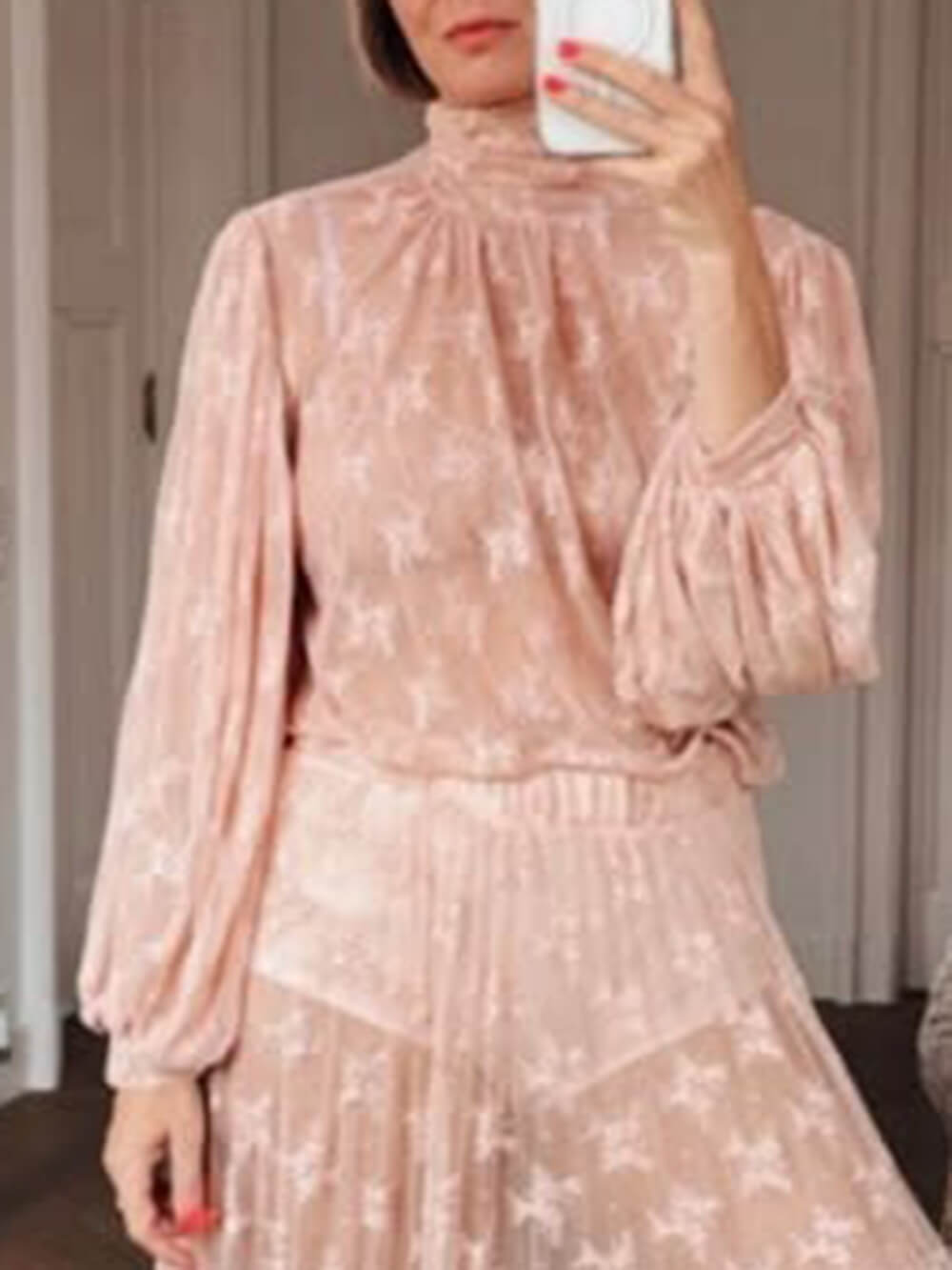 Elegant Mesh Ruffled Lace High-Neck Blouse & Elastic Waist Skirt Set