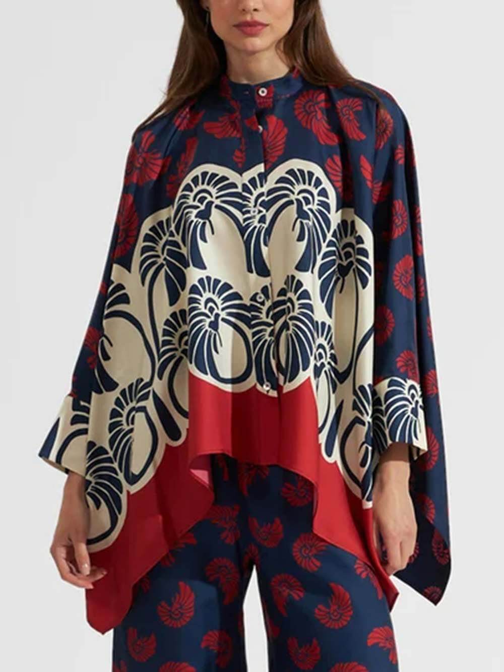 Unique Irregular Print Patchwork Oversized Button-Down Shirt Red