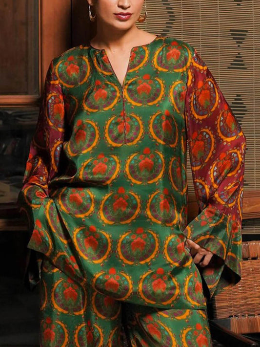 Unique Satin Bold Ethnic Print Loose Elastic Waist Pocket Wide-Leg Pants