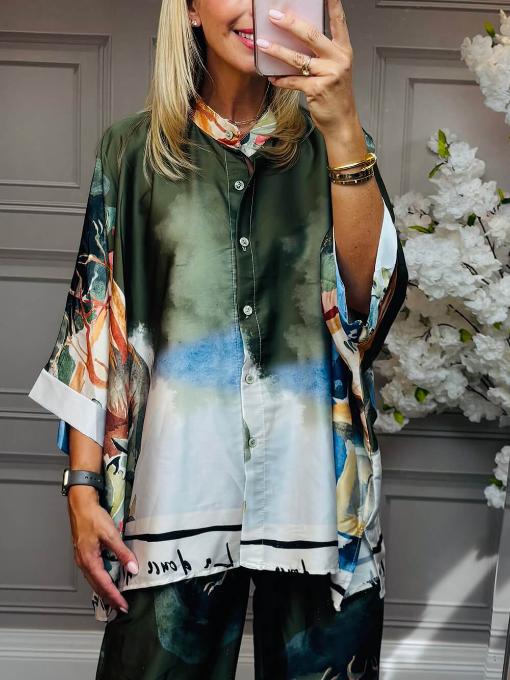 Unique Satin Roman Print Batwing Sleeve Button Shirt Multicolor