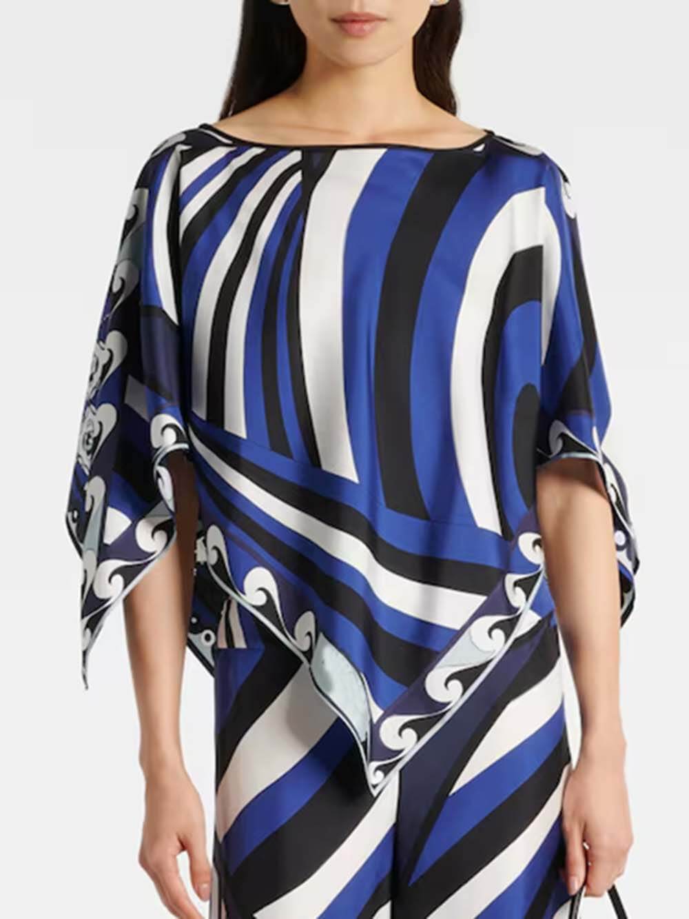 Unique Rainbow Print Satin Loose-Fit Blouse Blue