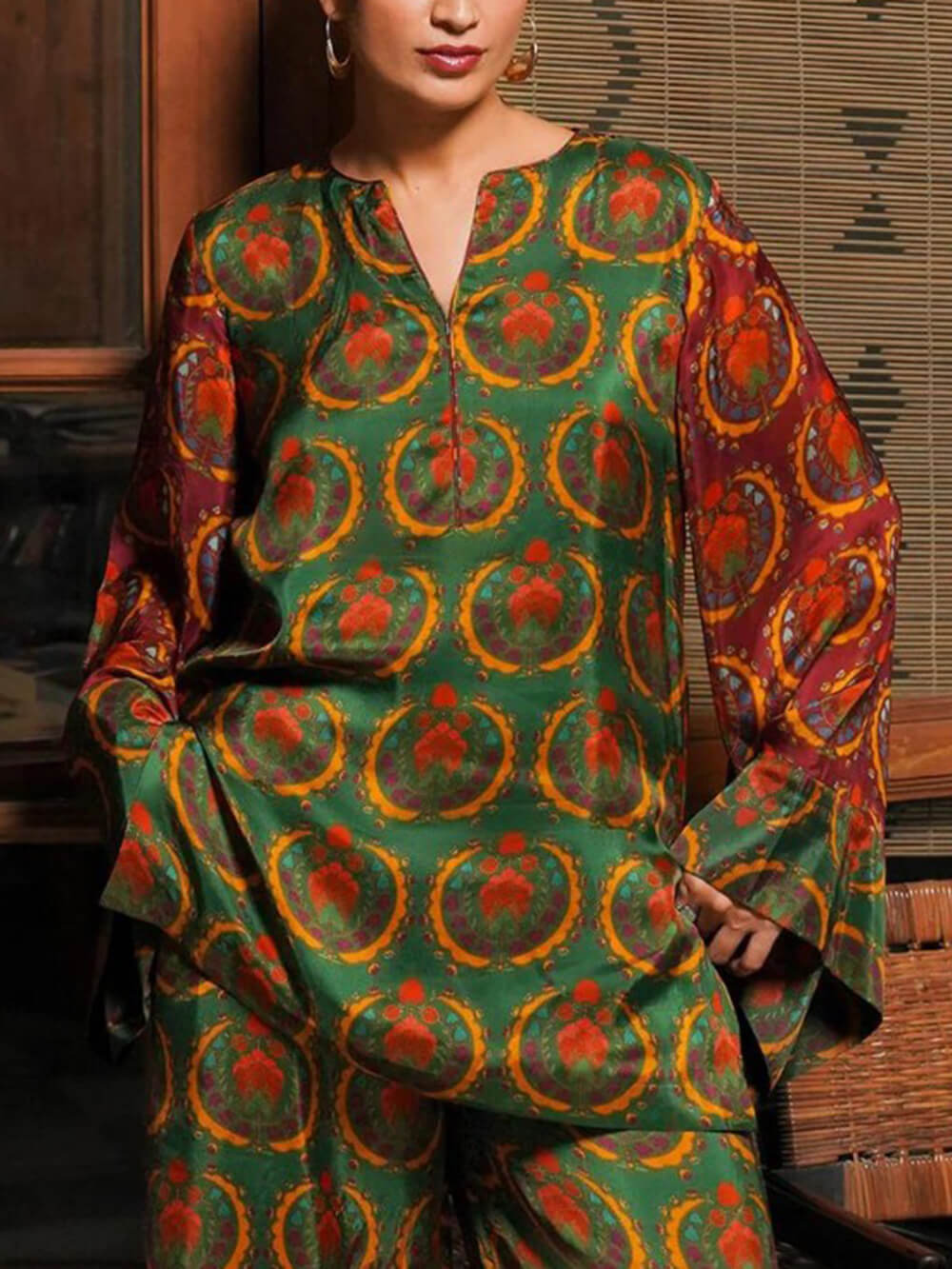 Unique Satin Bold Ethnic Print Loose Shirt Green