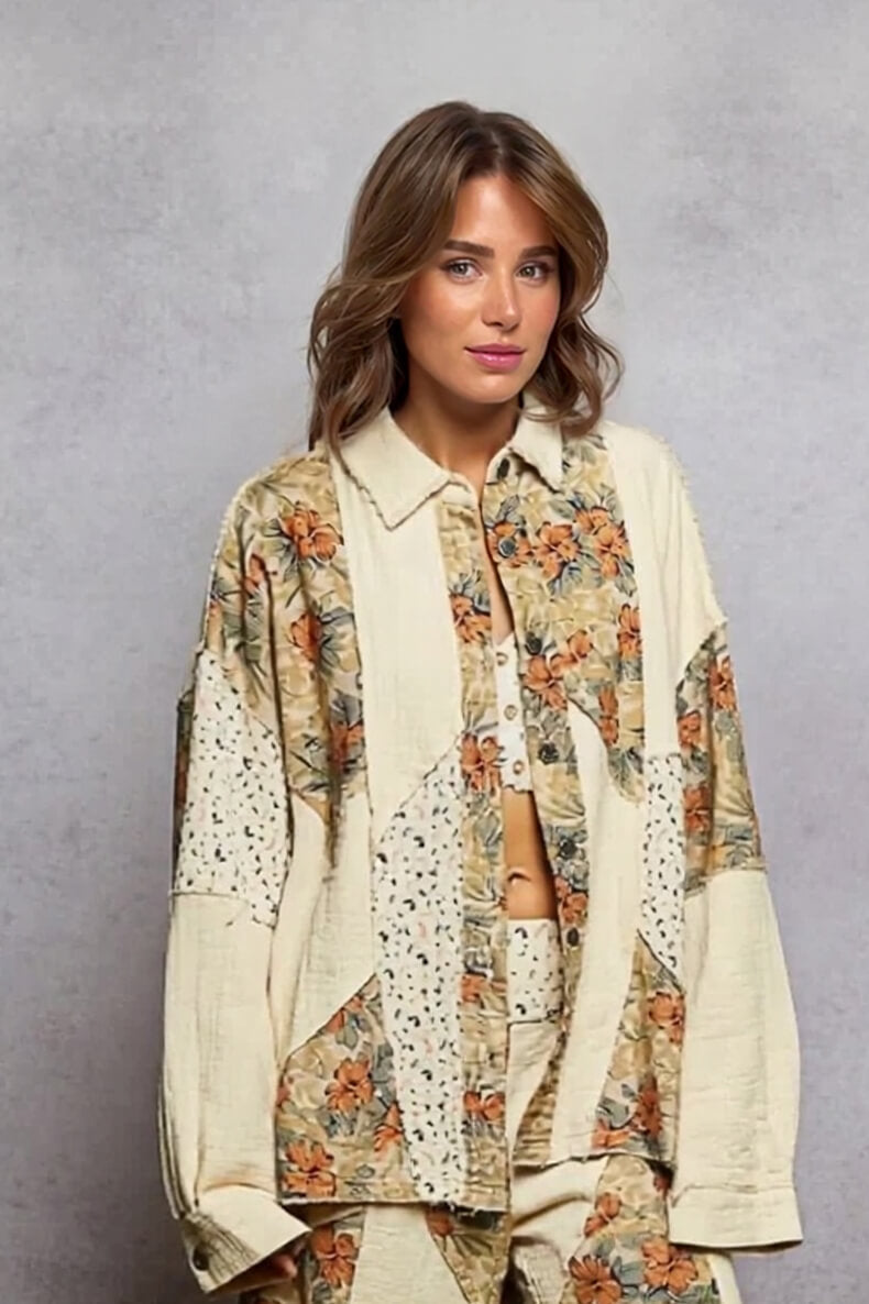 Bohemian Floral Patchwork Loose Button-Down Top Multicolor