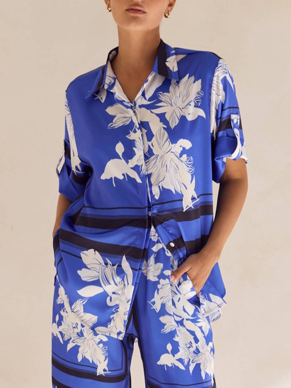 Casual Unique Satin Floral Print Loose Button Oversized Shirt Blue