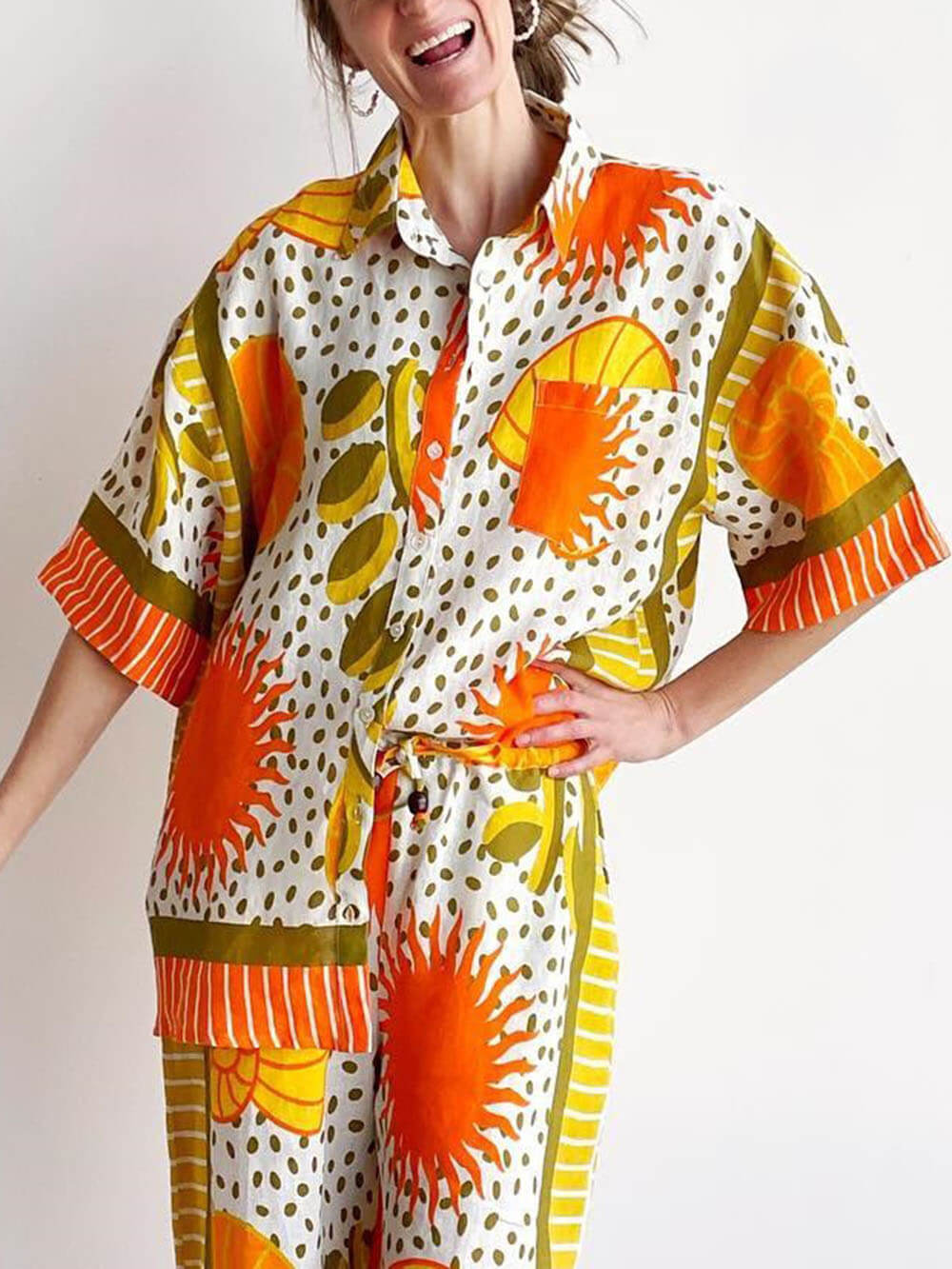 Casual Unique Satin Sun Print Loose Button Down Oversized Shirt Yellow
