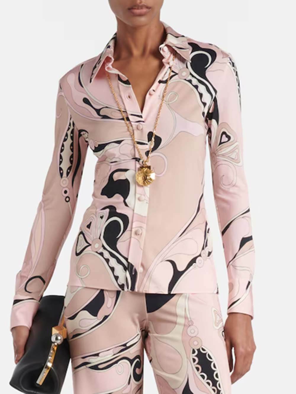 Unique Exquisite Floral Print Slim-Fit Button Shirt Pink