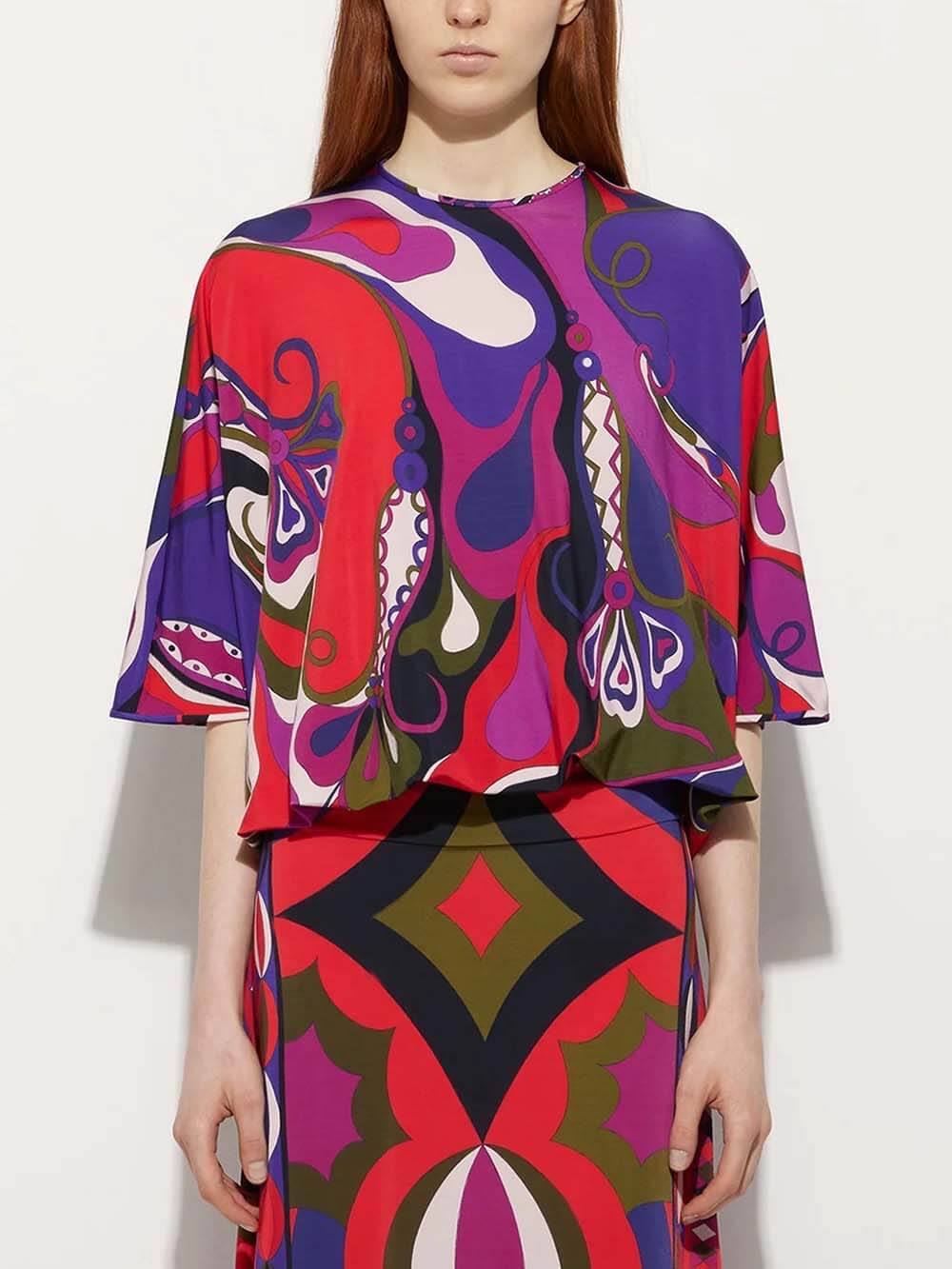 Unique Satin Rainbow Print Round-Neck Tie-Down Loose Blouse Multicolor