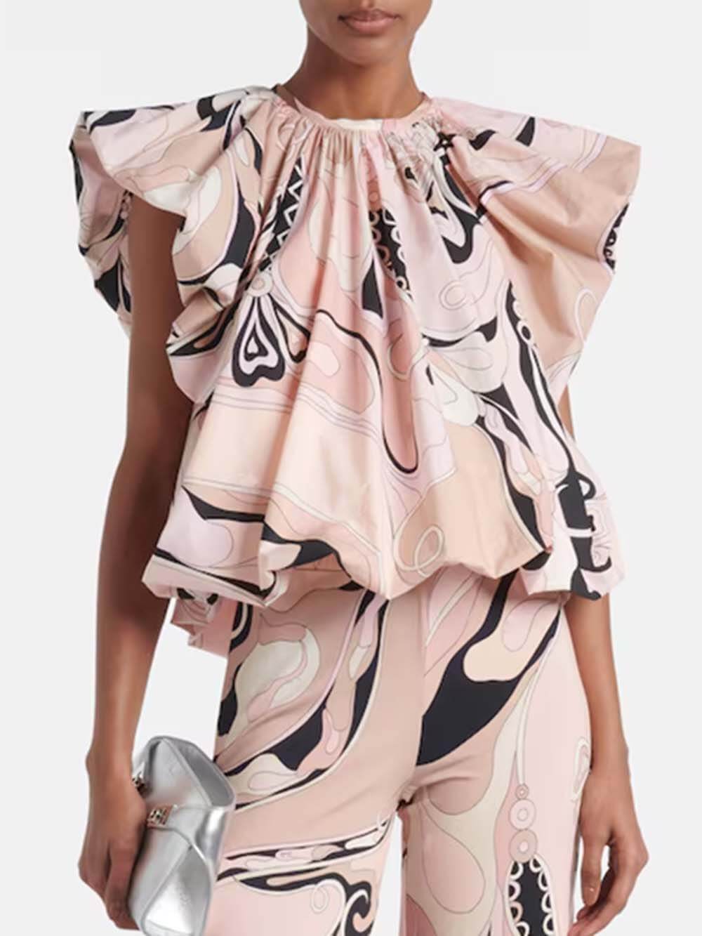 Delicate Orchid Print Bell Sleeve Pleated Top Pink