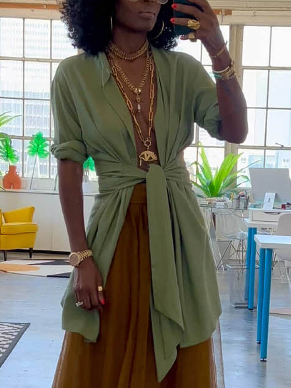 Elegant Belted Cardigan Collar Shirt Green