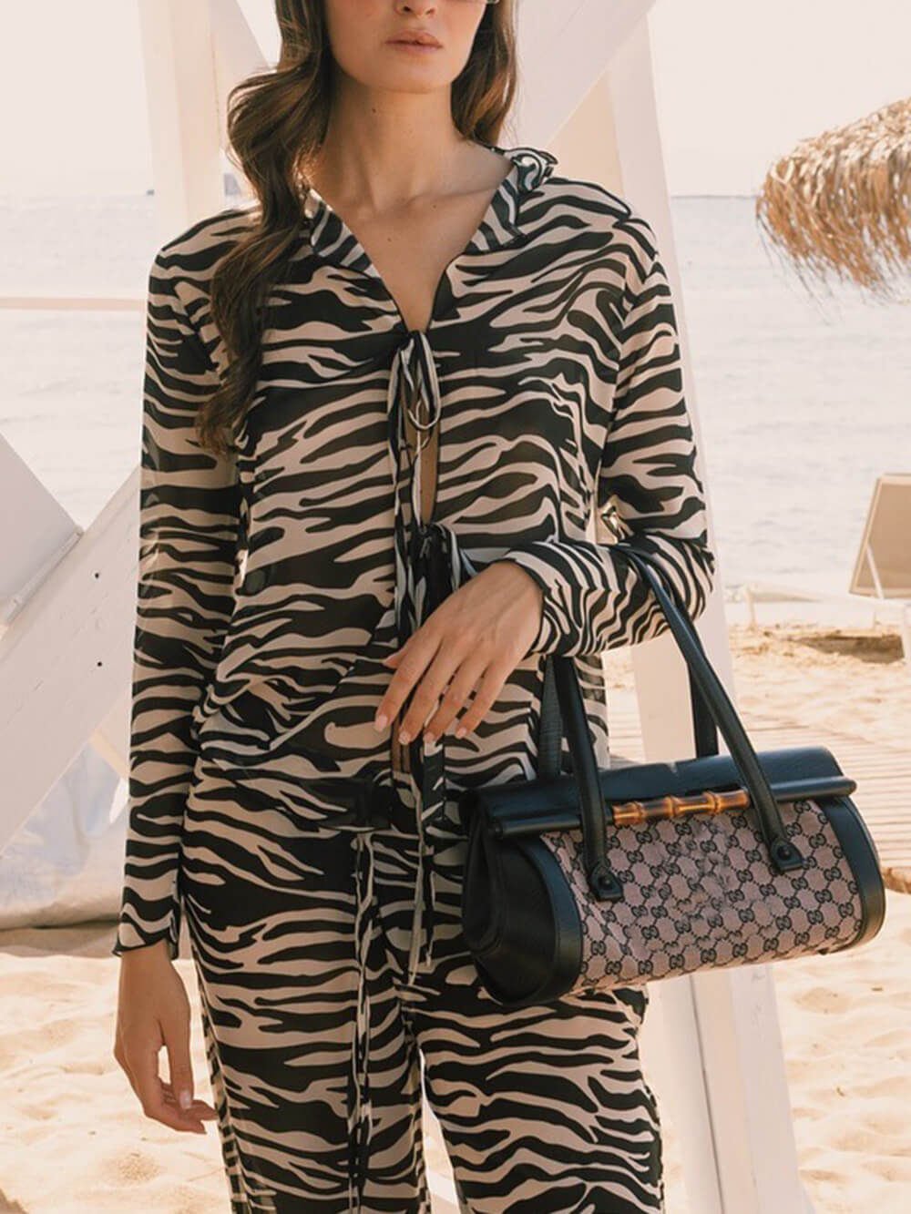 Unique Zebra Print Lace-Up Loose Shirt Black
