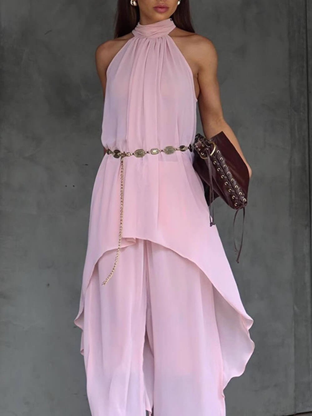 Elegant Asymmetric Sleeveless Halter Tie Top Pink