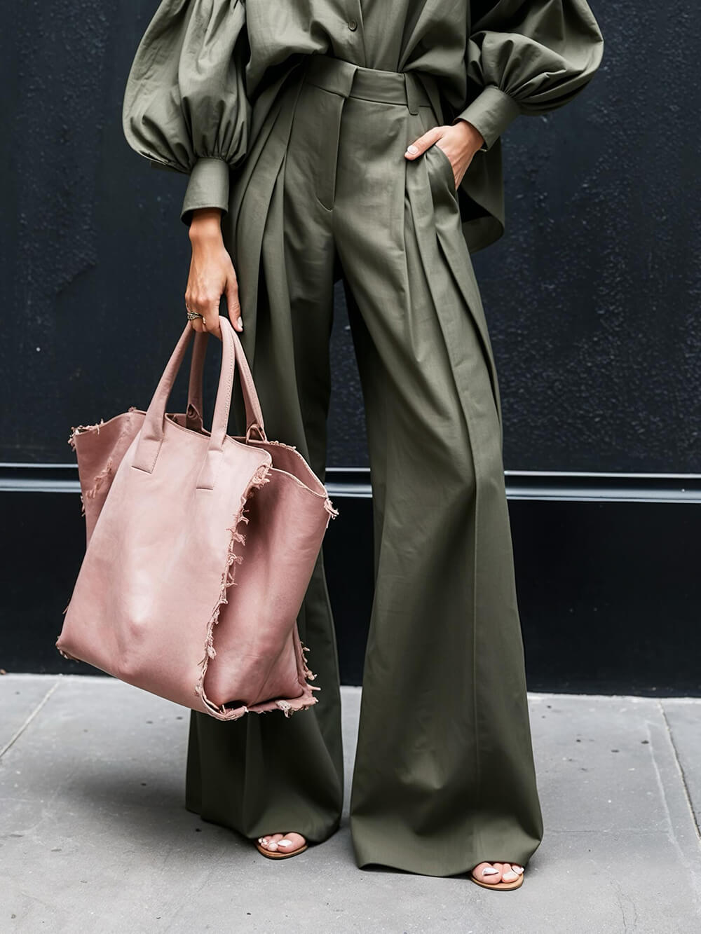 Fashionable Casual Solid Color Unique Pleated Pocket High Waist Wide Leg Pants Military Green
