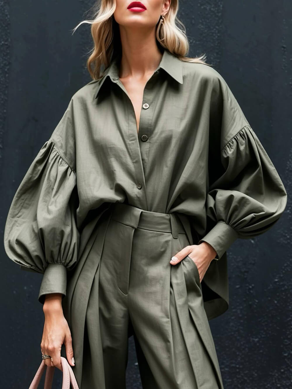 Fashionable Casual Solid Color Lantern Sleeve Loose Button-Down Oversized Shirt Military Green
