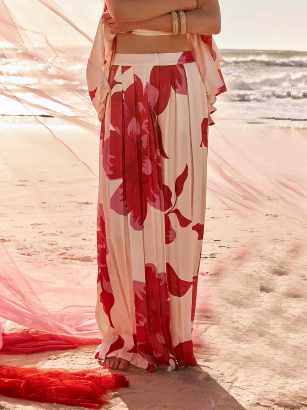 Elegant Printed Satin Ruched Pocket Wide-Leg Pants Red