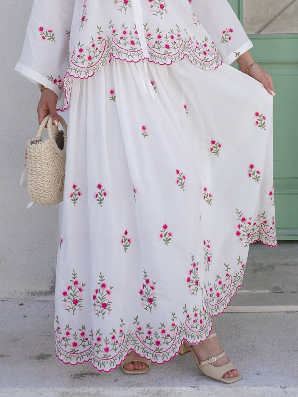 Delicate Floral Embroidered Ruffle With Elastic Waist Midi Skirt White