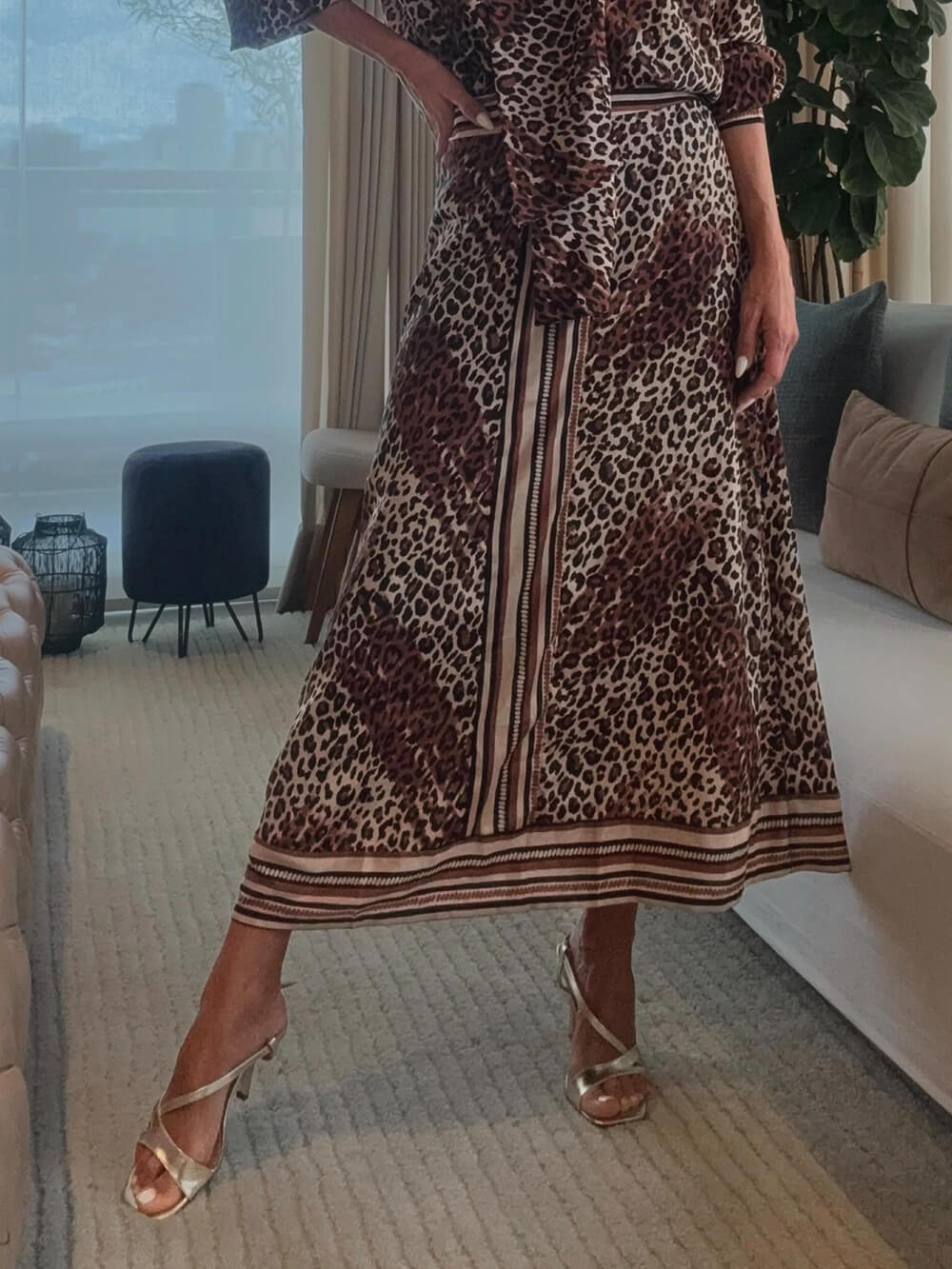 Retro Classic Leopard Print Patchwork Elastic Waist Midi Skirt Leopard