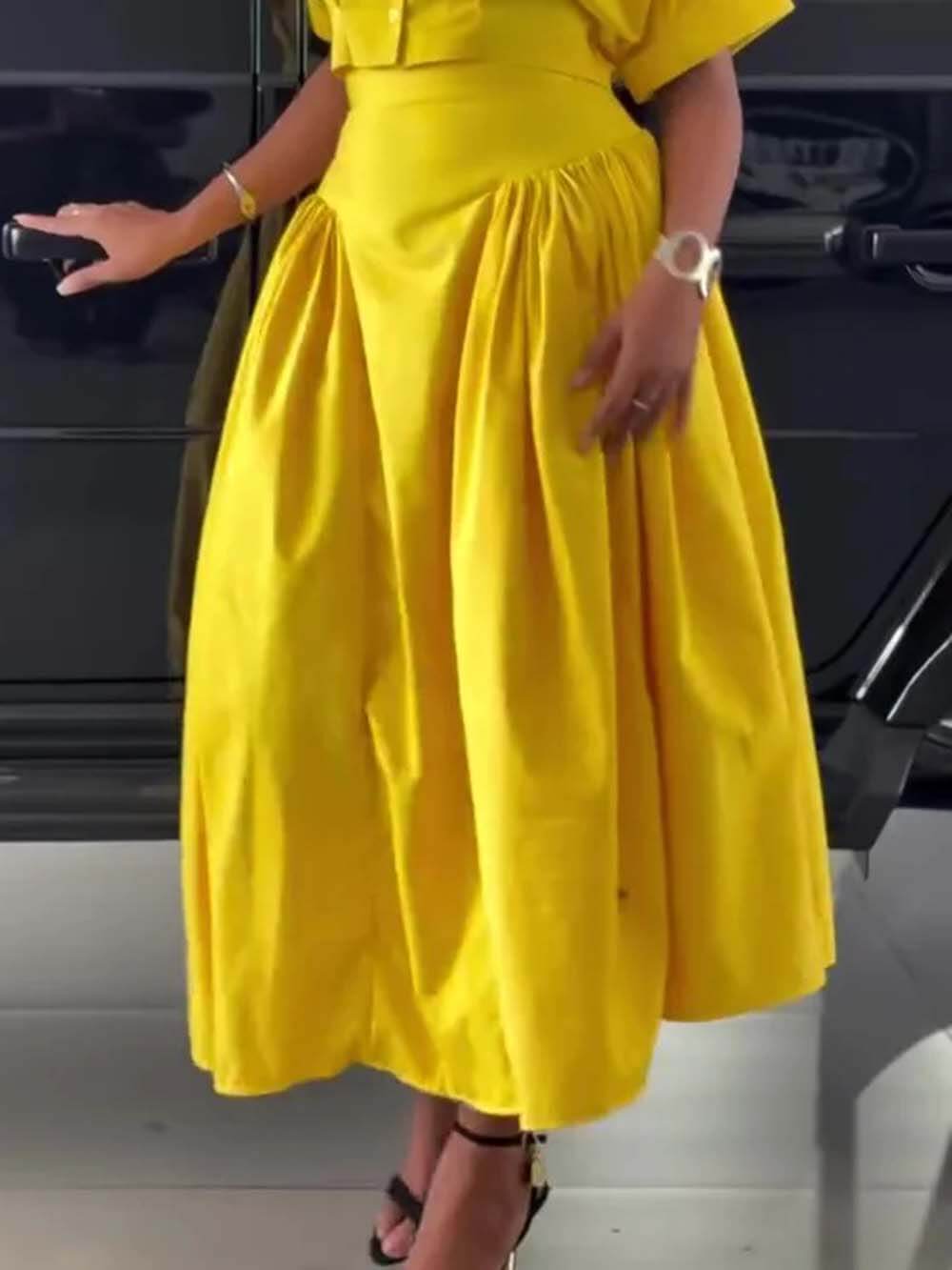 Casual High-Waist Ruched Skirt Yellow
