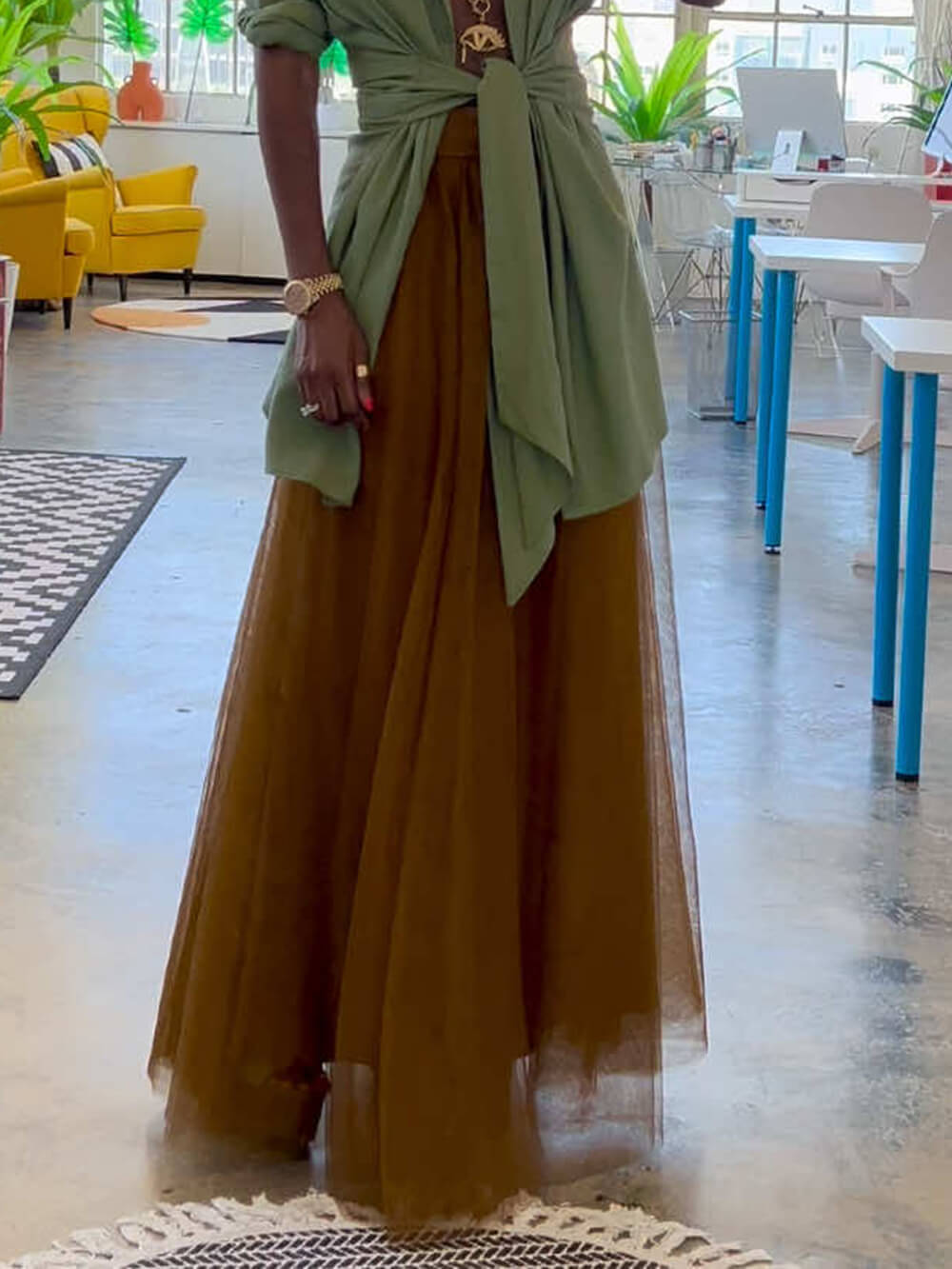 Elegant Mesh A-Line High-Waist Skirt Yellow