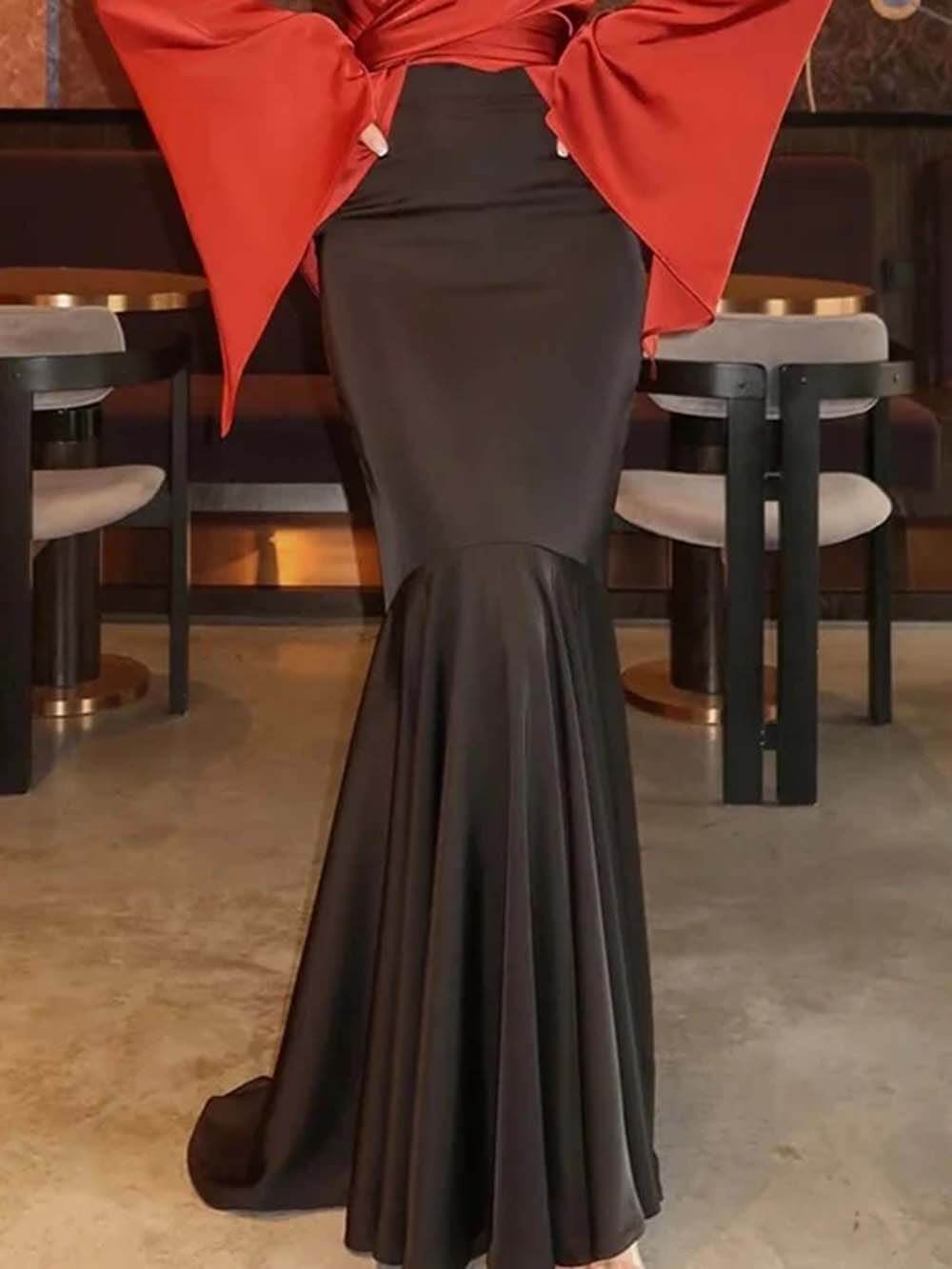 Fashion Satin High Rise Elastic Waist Flare Maxi Skirt Black