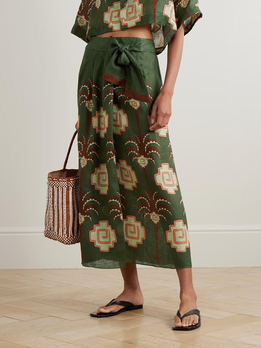 Retro Palm Tree Print Linen Wrap Midi Skirt Green