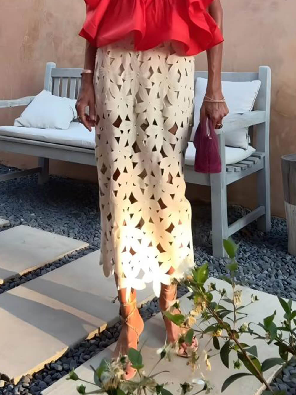 Retro Lace Floral Split Midi Skirt White