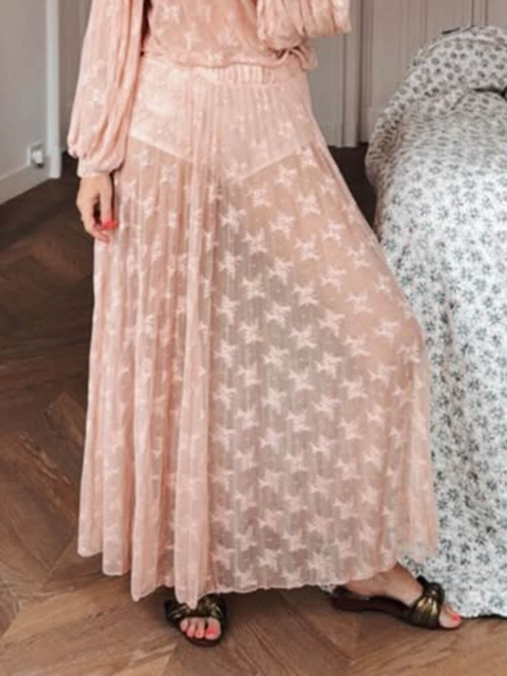 Elegant Mesh Pleated Lace Maxi Skirt Pink