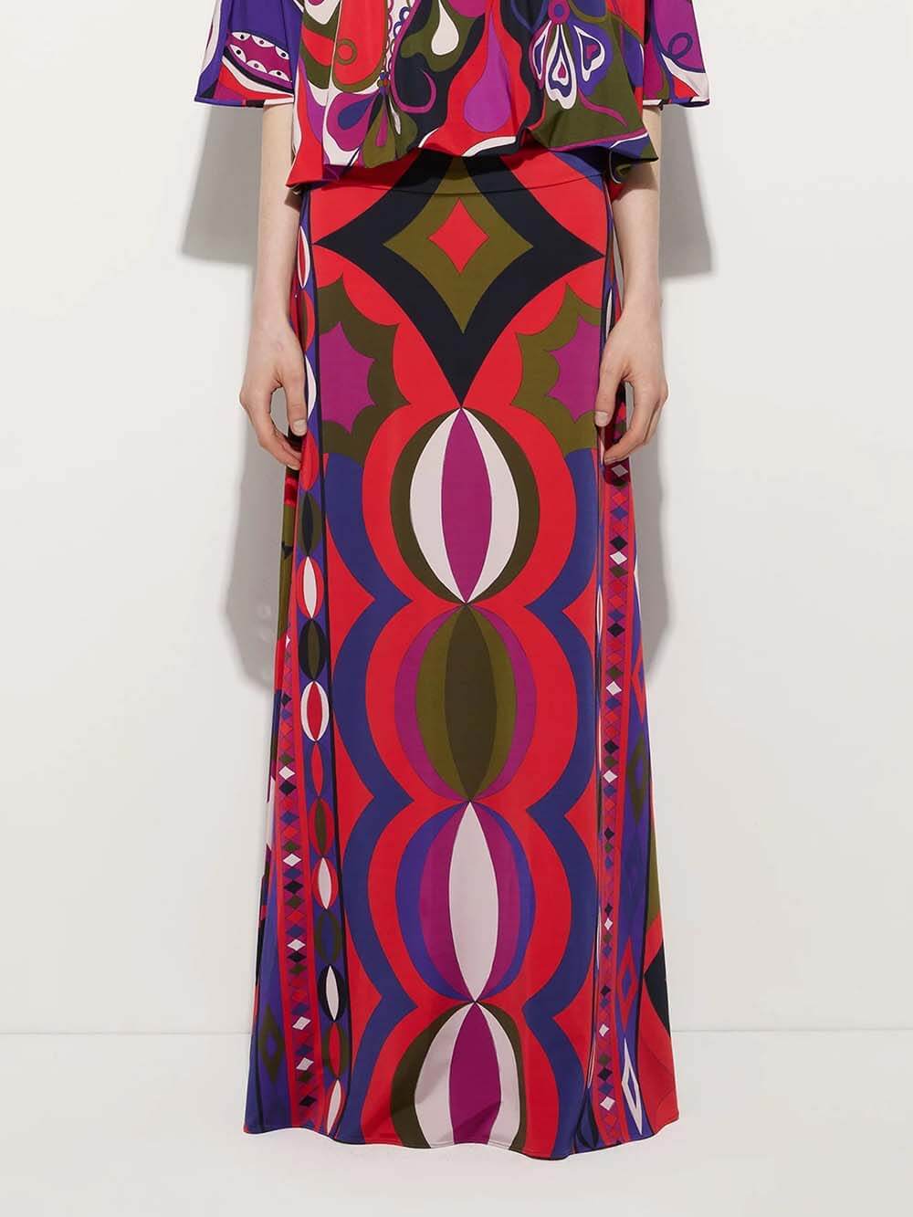 Unique Satin Rainbow Print High-Waisted Maxi Skirt Multicolor