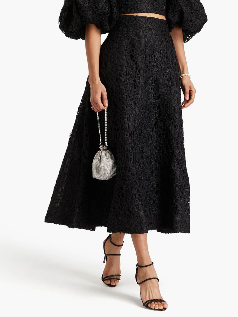 Delicate Hollow Lace Crochet High-Waist Skirt Black