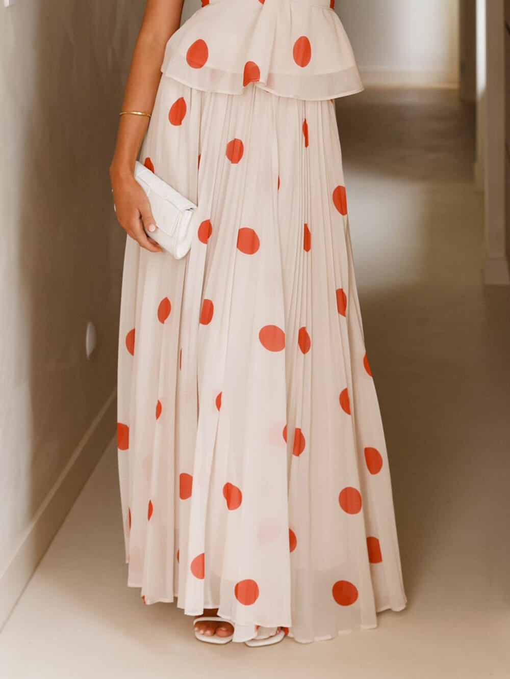 Delicate Red Polka Dot Print Ruched High-Waist Skirt Beige