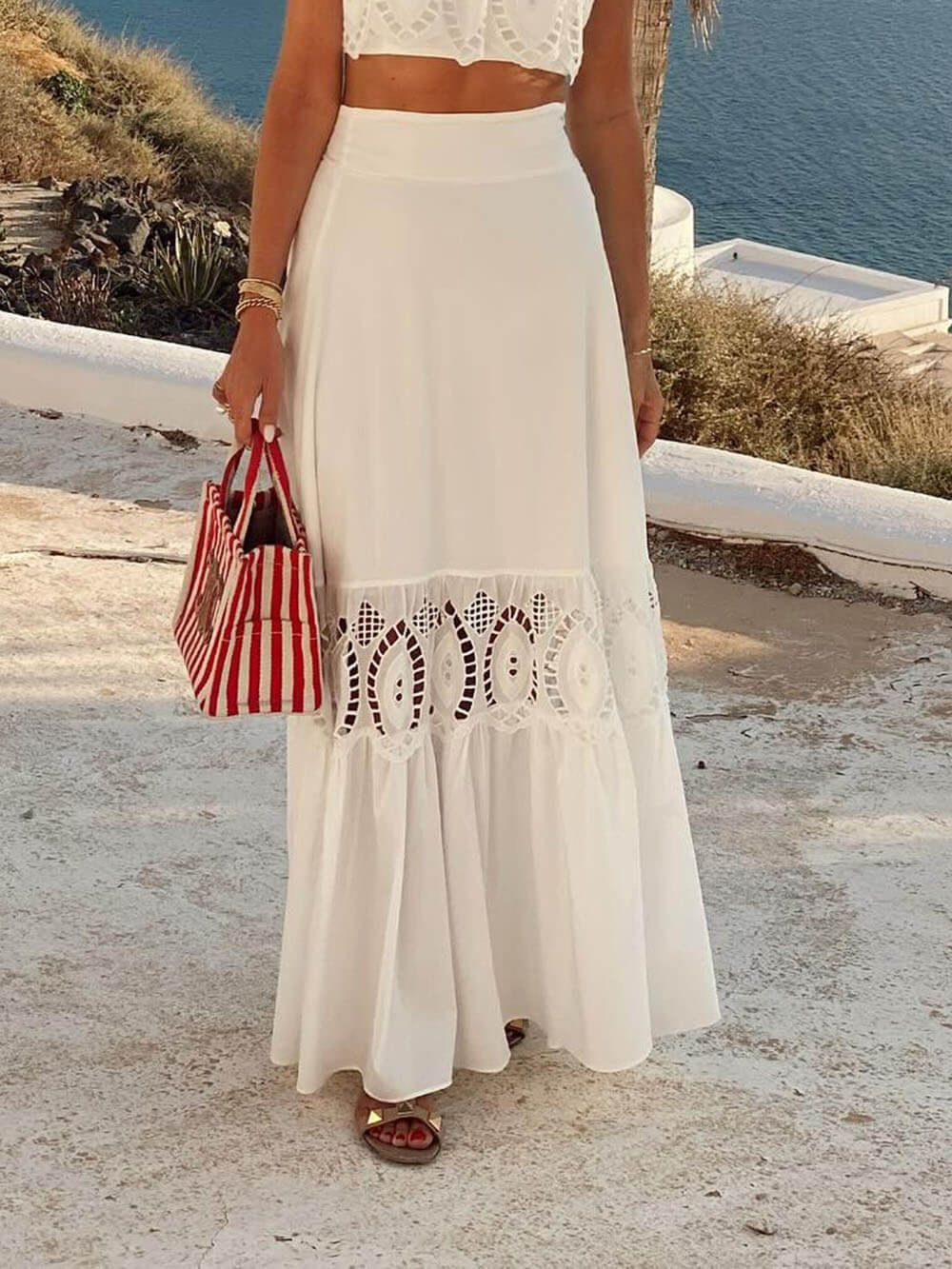 Elegant Lace-Panel High-Waist Maxi Skirt White