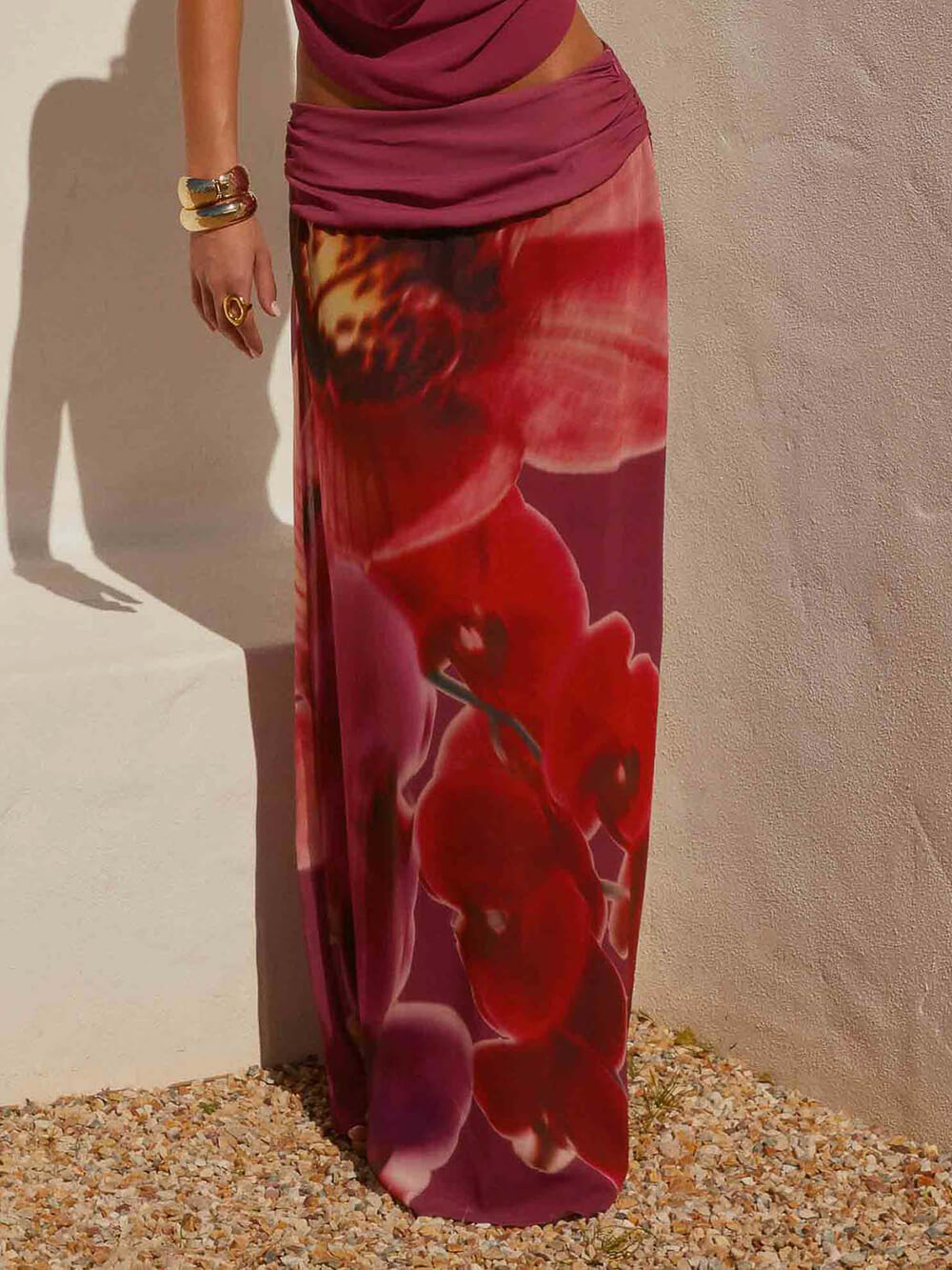 Sweet Elegant Print Low-Waist Ruched Skirt Purple