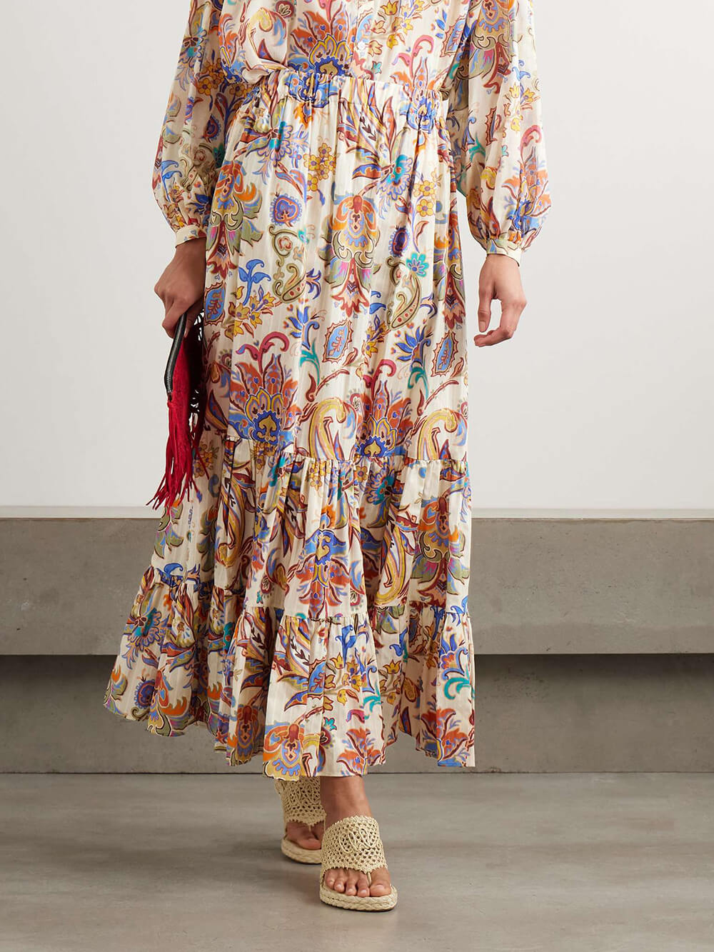 Unique Paisley Print Boho-Chic Layered Midi Skirt Cream