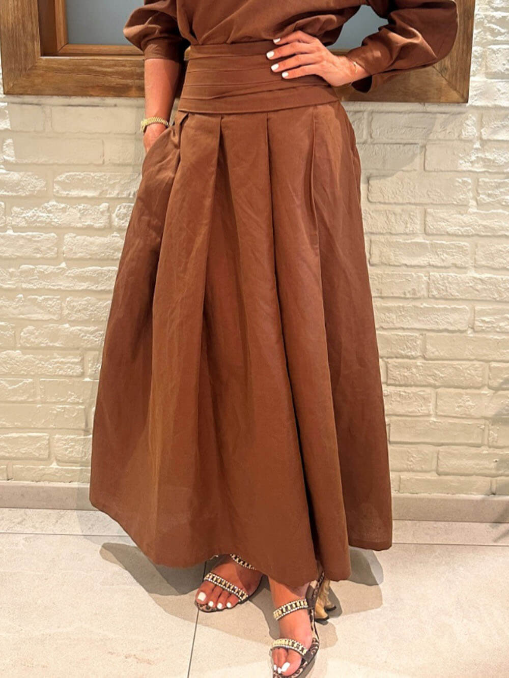 Retro Linen Pleated Pocket Loose Skirt Brown