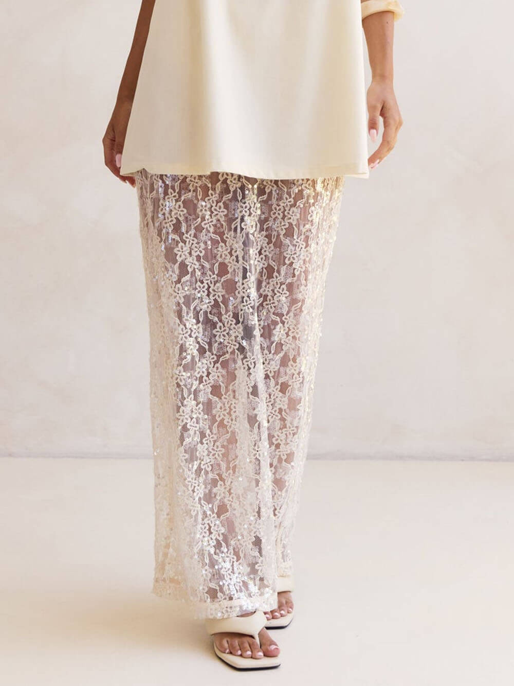 Elegant Sheer Sequin Lace High-Waist Maxi Skirt Cream