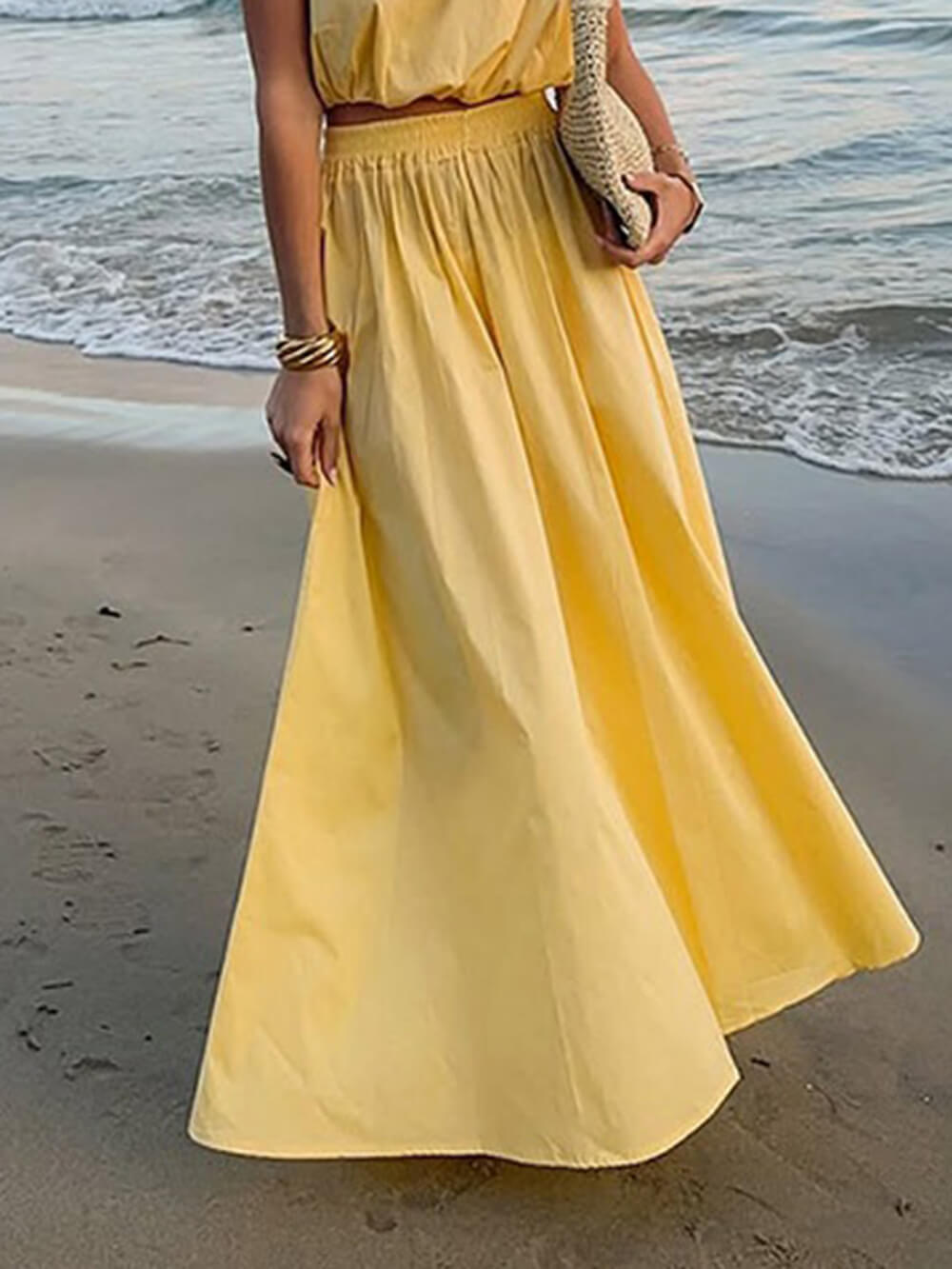 Elegant Solid Ruched High-Waist Maxi Skirt Yellow