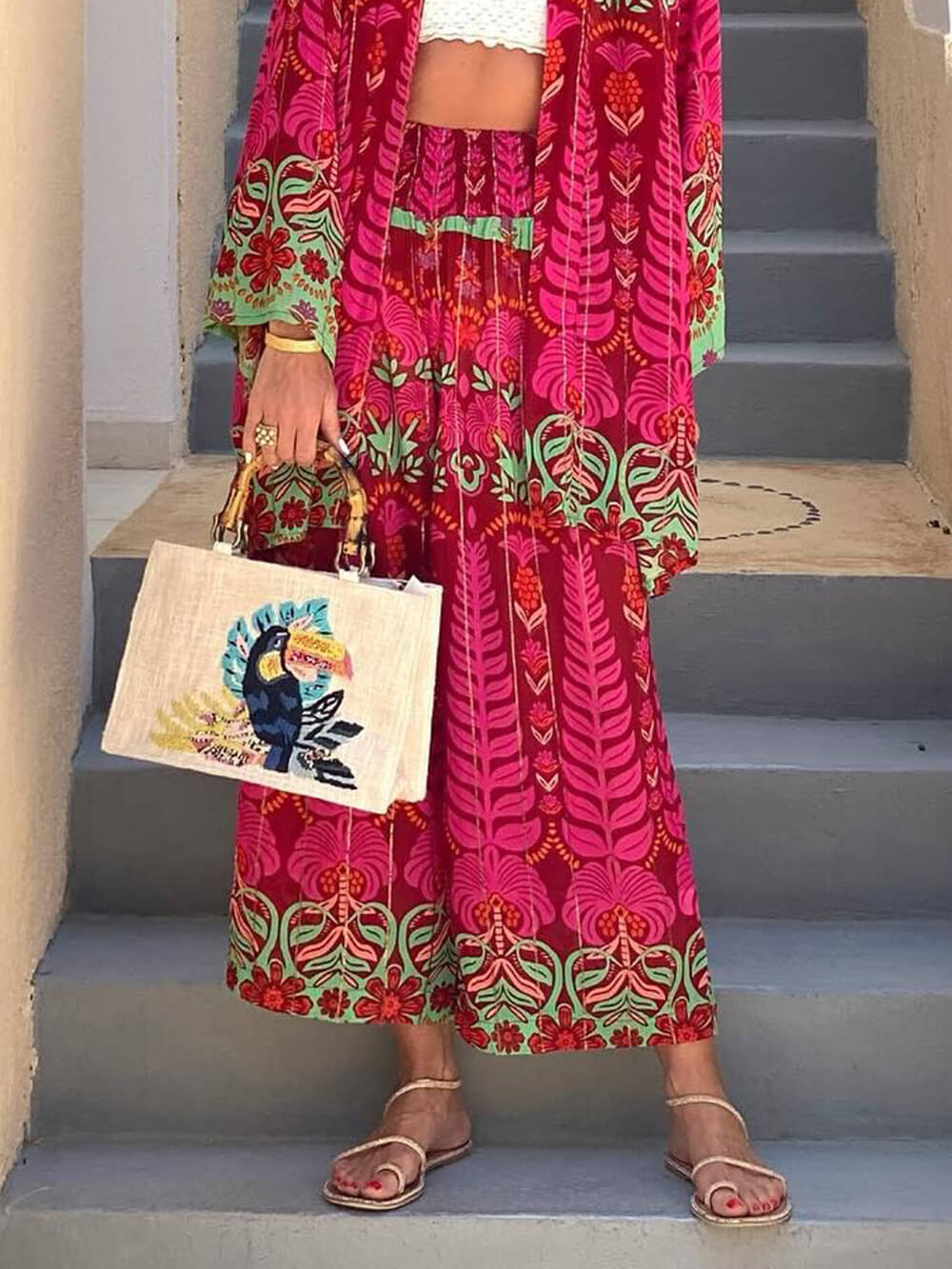 Unique Ethnic Floral Print With Elastic Waist Wide-Leg Pants Red