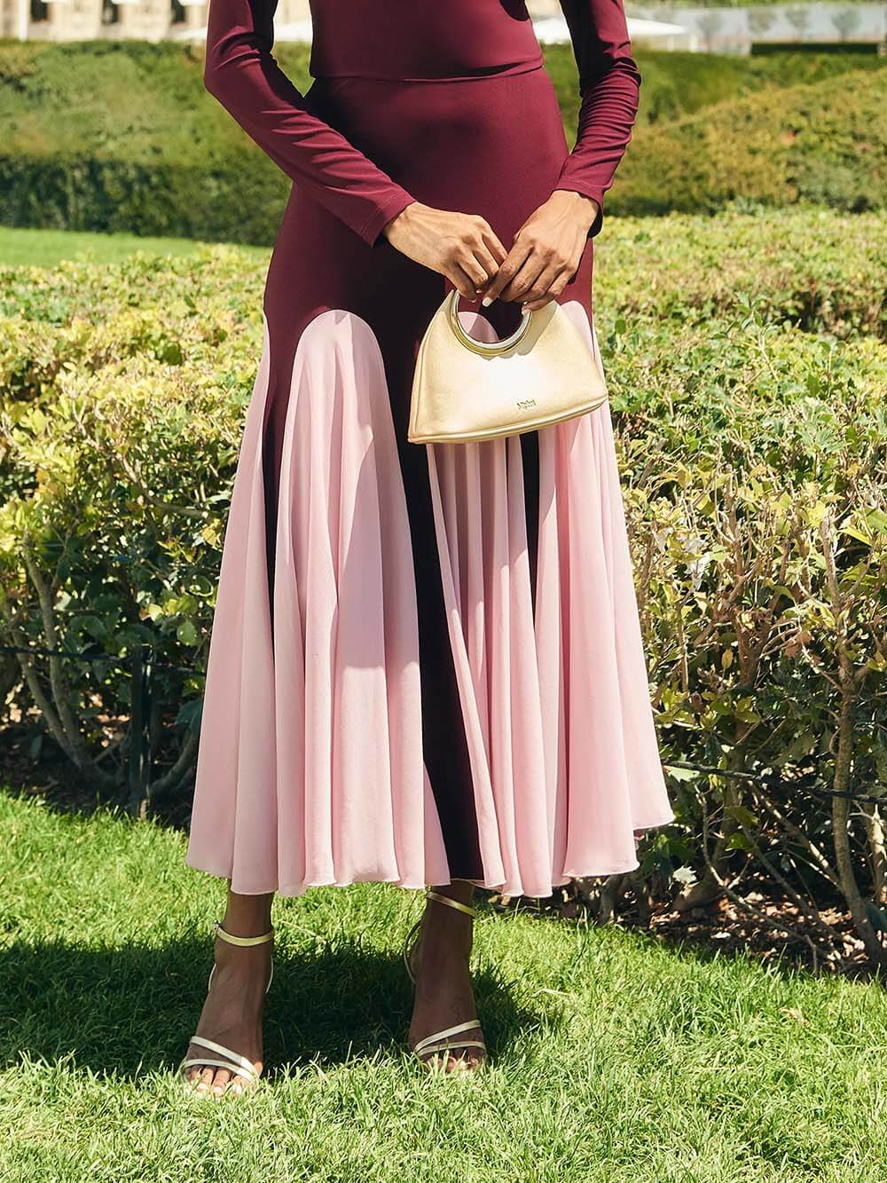 Elegant Mesh Two-Tone Panel Skirt Pink