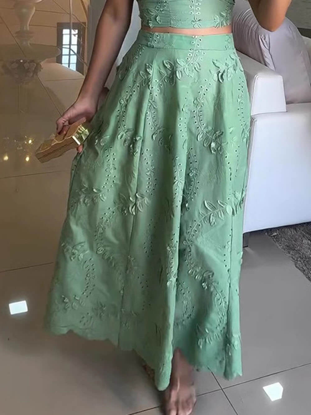 Casual Holiday Lace Patchwork High Waist A-Line Maxi Skirt Green