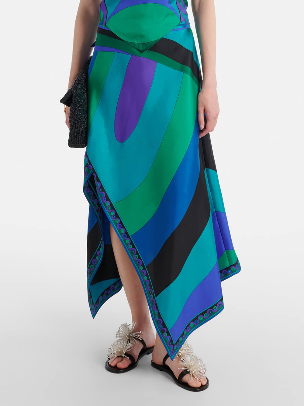 Retro Ssymmetric Satin Print Midi Skirt Blue