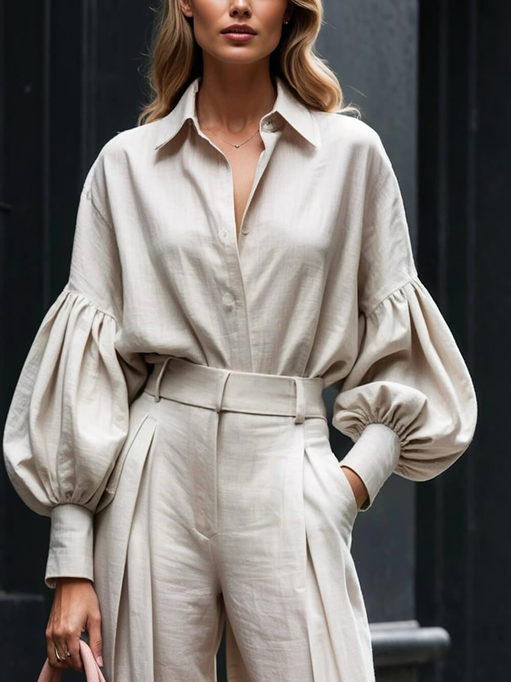 Fashionable Casual Solid Color Lantern Sleeve Loose Button-Down Oversized Shirt Khaki