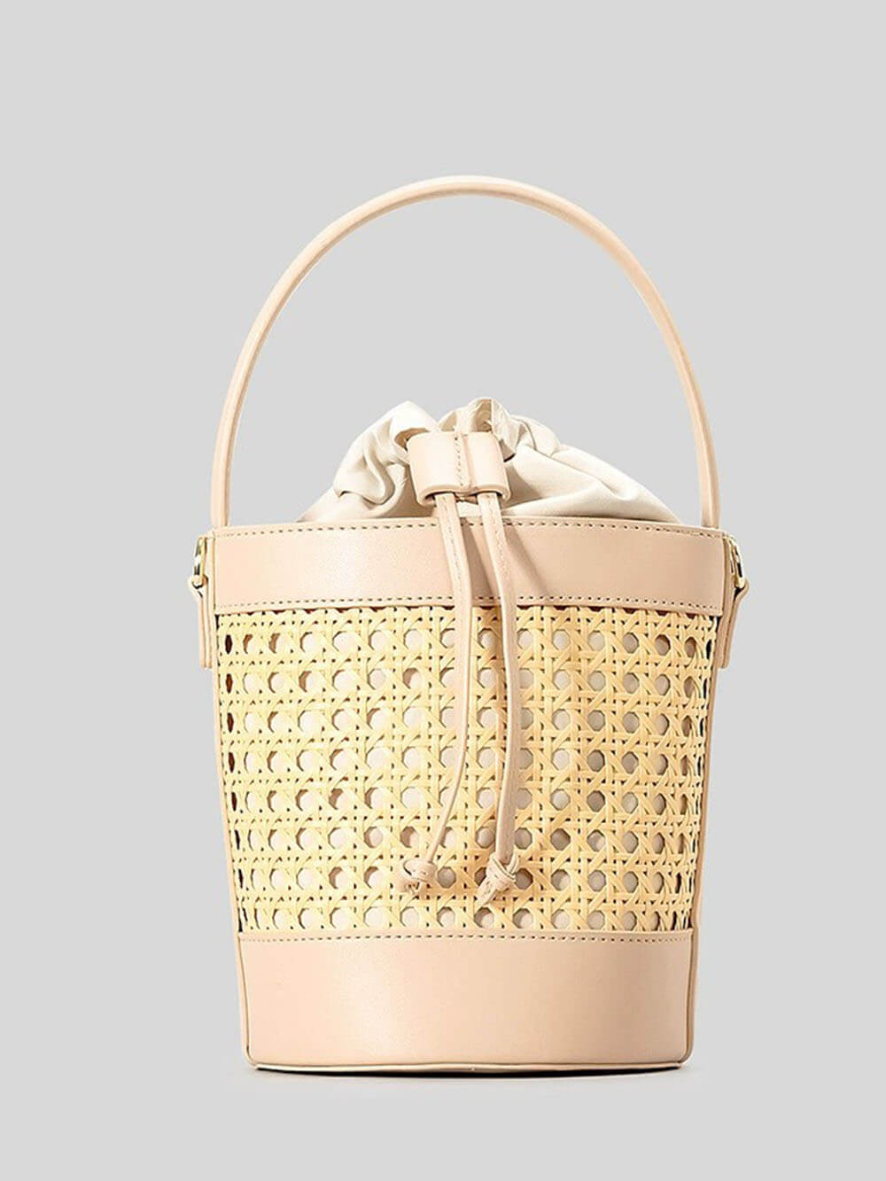 Beach Holiday Hollow Hand-Woven Rattan Drawstring Bucket Bag Khaki