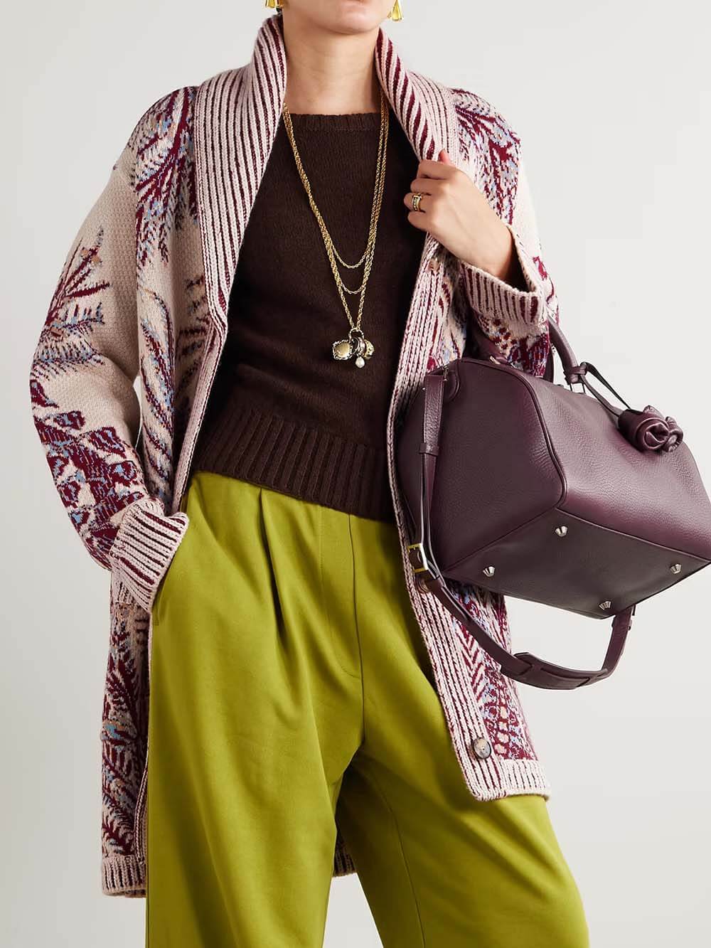 Exquisite Oversized Knit Jacquard Cardigan Burgundy One Size