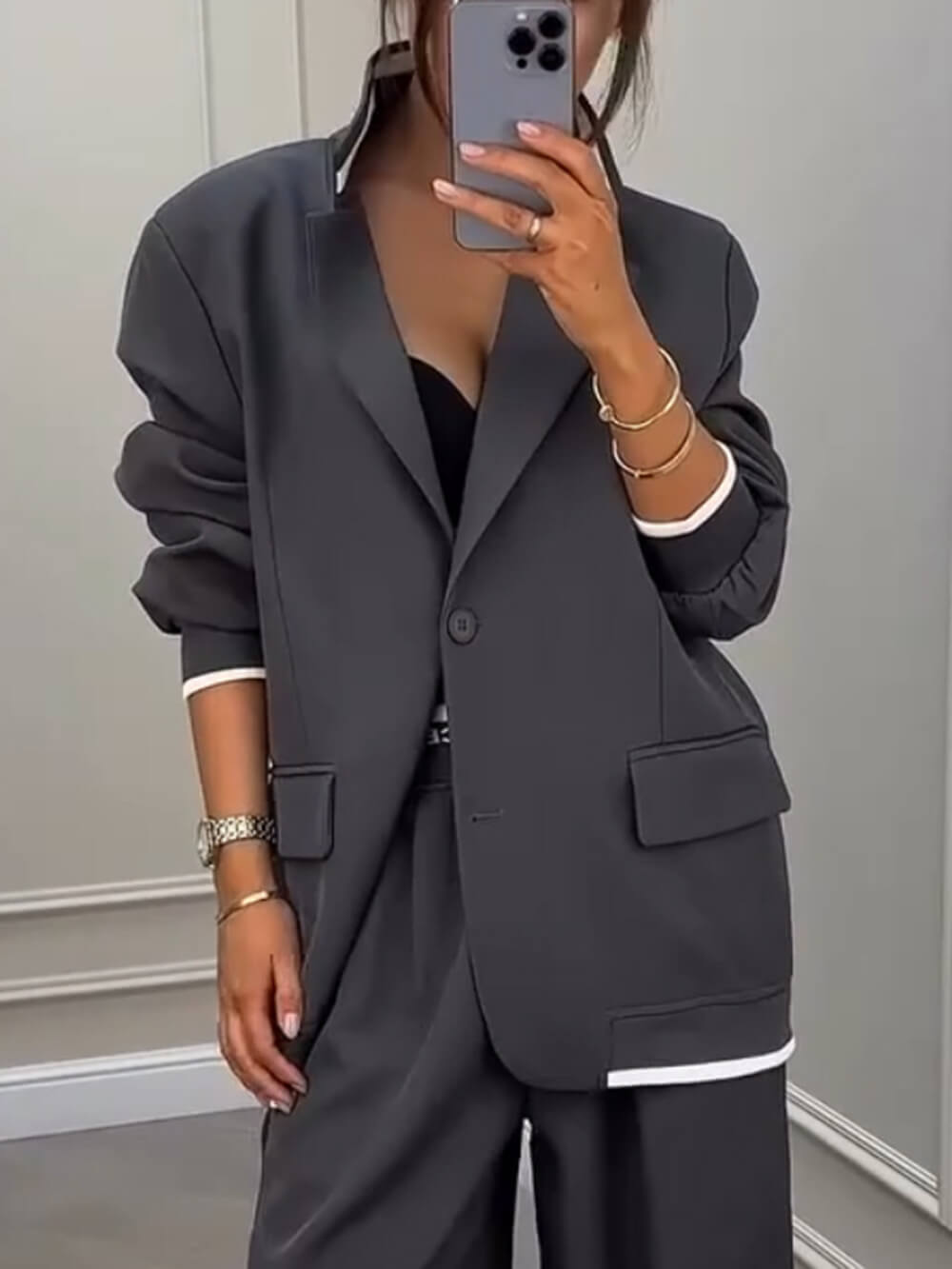 Fashion Sports Style Colorblock Lapel Blazer Ash