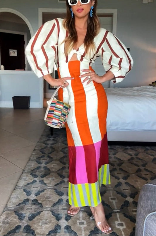 Color Block Stripe Midi Dress Puff Sleeve Knot Front Cutout Bodycon Dress