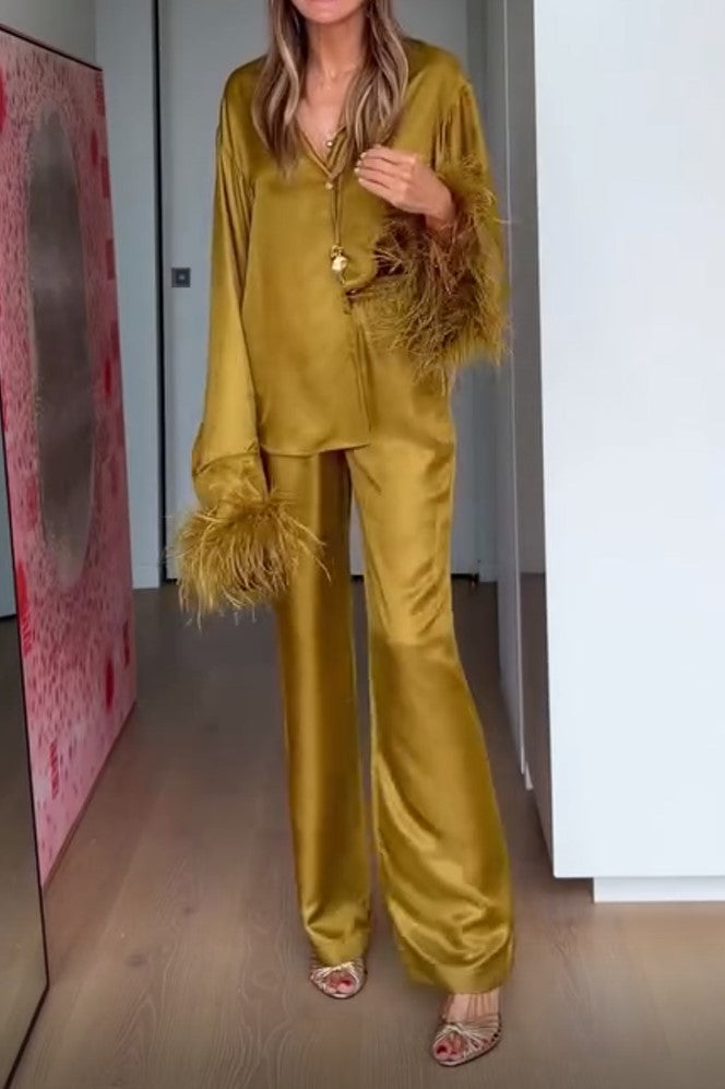 Gold Satin V Neck Feather Cuff Blouse Wide Leg Pants Women Suit