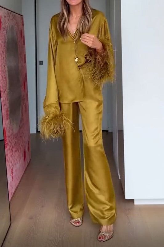 Gold Satin V Neck Feather Cuff Blouse Wide Leg Pants Women Suit