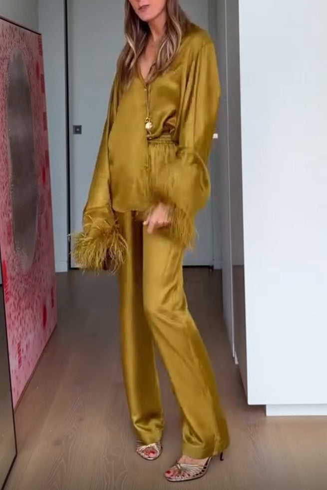 Gold Satin V Neck Feather Cuff Blouse Wide Leg Pants Women Suit