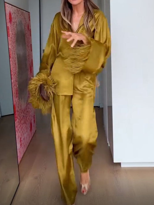 Gold Satin V Neck Feather Cuff Blouse Wide Leg Pants Women Suit