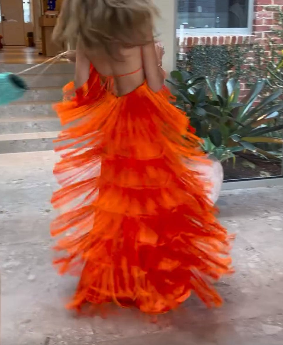 Orange Tiered Fringe Spaghetti Strap Maxi Party Dress